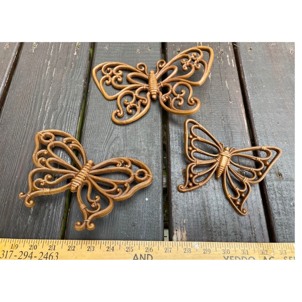 Vintage Homco Butterfly Wall Decor Set of 3 Brown Faux Wood Plastic 7537 MCM